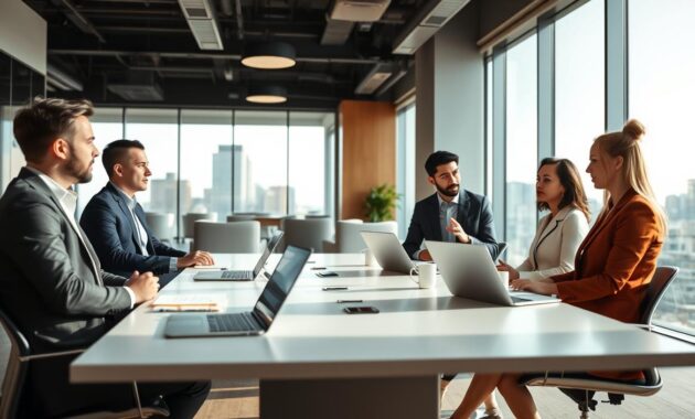 A serene, well-lit modern office environment during a cadence meeting. In the foreground, a diverse group of three professionals—two men in smart casual attire and one woman in business formal wear—are engaged in conversation, with one individual gesturing thoughtfully. The middle ground features a sleek conference table with laptops, notepads, and coffee cups, conveying a collaborative atmosphere. In the background, large windows allow natural light to pour in, showcasing a city skyline. The overall mood is professional yet inviting, emphasizing approachability and teamwork. The camera angle is slightly elevated, focusing on the group while capturing the sophisticated office layout. Soft, warm lighting enhances the environment, creating a sense of comfort and openness. A serene, well-lit modern office environment during a cadence meeting. In the foreground, a diverse group of three professionals—two men in smart casual attire and one woman in business formal wear—are engaged in conversation, with one individual gesturing thoughtfully. The middle ground features a sleek conference table with laptops, notepads, and coffee cups, conveying a collaborative atmosphere. In the background, large windows allow natural light to pour in, showcasing a city skyline. The overall mood is professional yet inviting, emphasizing approachability and teamwork. The camera angle is slightly elevated, focusing on the group while capturing the sophisticated office layout. Soft, warm lighting enhances the environment, creating a sense of comfort and openness.