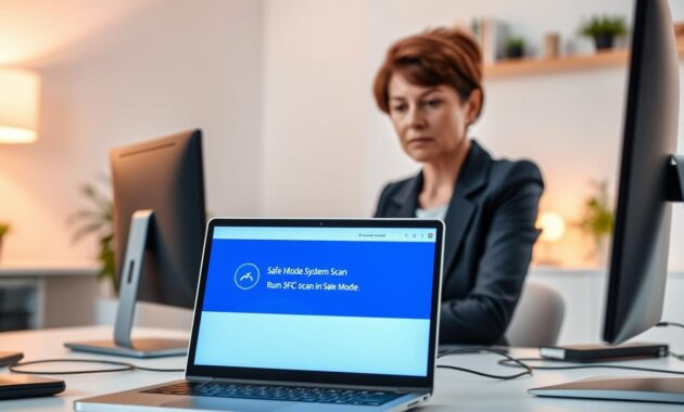 A serene workspace featuring a computer screen displaying a vibrant, detailed illustration of a "Safe Mode System Scan" in progress. In the foreground, the computer desk is clutter-free, with a sleek laptop showcasing a blue and white user interface indicating system diagnostics. In the middle, a focused individual in professional business attire, a middle-aged woman with short hair, is seated, intently observing the screen, highlighting the action of running an SFC scan in Safe Mode. The background features soft, ambient lighting that creates a calm atmosphere, while hints of office decor subtly enhance the tech-savvy setting. The angle showcases the computer screen prominently, with the focus on the scanning process, evoking a sense of security and resolution. The mood is professional yet reassuring, suitable for an article on system repair methods.