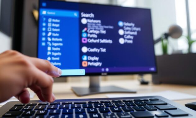 A sleek and modern desktop interface showcasing the Windows search functionality. In the foreground, a user's hand reaches towards a glowing search bar on the screen, with a digital keyboard partially visible. The middle layer features an array of icons representing various Windows settings, such as network, display, and privacy, subtly illuminated. In the background, a blurred view of a well-organized workspace with a soft-focus computer monitor displaying vibrant settings menus. The lighting is bright and professional, highlighting the clean lines and user-friendly design of Windows. The overall mood is one of efficiency and clarity, conveying the ease of finding solutions through technology.