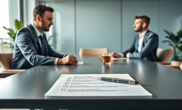 A sleek conference table set up for a productive one-on-one meeting, with a modern, minimalist design. In the foreground, a notepad is open with neatly organized bullet points labeled “Talking Points,” surrounded by a polished pen and a fresh cup of coffee. In the middle, a professional manager, dressed in business attire, leans forward engaged in conversation, exuding focus and attentiveness. A well-dressed employee sits across, actively listening, conveying readiness and openness. The background features a softly lit office with large windows that allow natural light to pour in, creating a warm and inviting atmosphere. Subtle greenery adds a touch of calmness, underlining a sense of professionalism and productivity, with no text or distractions. The mood is focused, collaborative, and motivational, perfect for facilitating meaningful discussions. A sleek conference table set up for a productive one-on-one meeting, with a modern, minimalist design. In the foreground, a notepad is open with neatly organized bullet points labeled “Talking Points,” surrounded by a polished pen and a fresh cup of coffee. In the middle, a professional manager, dressed in business attire, leans forward engaged in conversation, exuding focus and attentiveness. A well-dressed employee sits across, actively listening, conveying readiness and openness. The background features a softly lit office with large windows that allow natural light to pour in, creating a warm and inviting atmosphere. Subtle greenery adds a touch of calmness, underlining a sense of professionalism and productivity, with no text or distractions. The mood is focused, collaborative, and motivational, perfect for facilitating meaningful discussions.