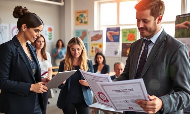 A vibrant and engaging scene depicting education pathways in alternative medicine practices. In the foreground, a diverse group of professionals in smart business attire, including a woman consulting a student over a laptop, and a man holding holistic practice certification documents. In the middle ground, a classroom setting with colorful posters of various alternative medicine methods like acupuncture, herbal medicine, and massage therapy on the walls. The background features large windows with soft, natural light pouring in, creating a warm and inviting atmosphere. The overall mood should convey inspiration, learning, and professionalism, inviting viewers to explore the world of holistic education. The angle should be slightly elevated to provide a comprehensive view of the interactive learning environment. A vibrant and engaging scene depicting education pathways in alternative medicine practices. In the foreground, a diverse group of professionals in smart business attire, including a woman consulting a student over a laptop, and a man holding holistic practice certification documents. In the middle ground, a classroom setting with colorful posters of various alternative medicine methods like acupuncture, herbal medicine, and massage therapy on the walls. The background features large windows with soft, natural light pouring in, creating a warm and inviting atmosphere. The overall mood should convey inspiration, learning, and professionalism, inviting viewers to explore the world of holistic education. The angle should be slightly elevated to provide a comprehensive view of the interactive learning environment.