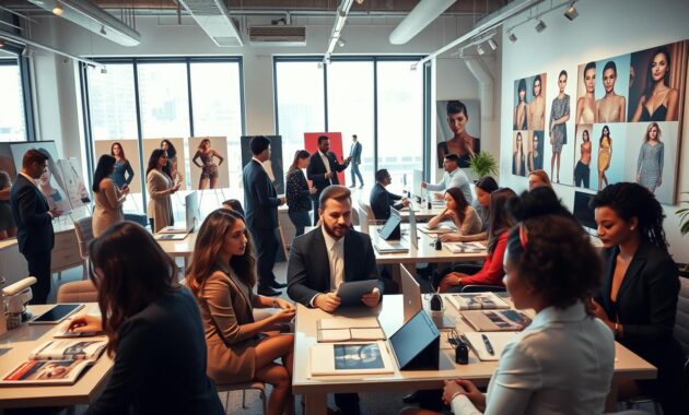 A busy office interior of a reputable modeling agency in the United States, featuring professional staff engaged in discussions, reviewing portfolio images, and interacting with potential models. In the foreground, a diverse group of models in professional business attire is seated, showcasing expressions of confidence and determination. The middle ground includes elegant desks adorned with fashion magazines, tablets, and mood boards with astonishing visuals of models in various fashion settings. The background features large windows allowing natural light to stream in, creating a bright and welcoming atmosphere, highlighting the professionalism and excitement of the environment. The mood is optimistic and inspiring, captured with a warm color palette and soft lighting to emphasize a sense of opportunity and growth.