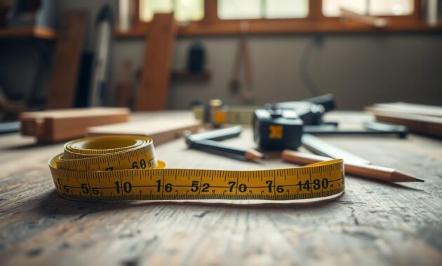 A close-up image of a measuring tape coiled neatly on a wooden workbench, showcasing its vibrant yellow and black markings. The tape is partially extended, revealing clear measurements in both inches and centimeters. In the background, soft natural light streams in from a nearby window, casting gentle shadows and highlights on the workspace. Scattered tools like a level, pencil, and ruler are subtly blurred in the middle ground, evoking a professional measurement setup. The atmosphere is focused and inspiring, emphasizing precision and craftsmanship. The camera angle is slightly overhead, giving a dynamic perspective while maintaining clarity on the measuring tape's details. The scene is free of any text or distractions, maintaining a clean and professional look.