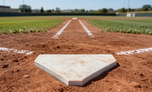A close-up view of a pristine baseball home plate positioned on a well-maintained dirt infield. The foreground features the home plate, its white edges sharply defined, contrasting against the reddish-brown earth. In the middle ground, the bases are faintly visible, highlighting the base path leading to first, second, and third bases, with chalk lines marking the diamond accents. The background showcases a lush green outfield under a clear blue sky, with soft sunlight casting gentle shadows that enhance the textures of the dirt and grass. The scene conveys a sense of anticipation and excitement, encapsulating the essence of a baseball game, inviting viewers to immerse themselves in the sport. A close-up view of a pristine baseball home plate positioned on a well-maintained dirt infield. The foreground features the home plate, its white edges sharply defined, contrasting against the reddish-brown earth. In the middle ground, the bases are faintly visible, highlighting the base path leading to first, second, and third bases, with chalk lines marking the diamond accents. The background showcases a lush green outfield under a clear blue sky, with soft sunlight casting gentle shadows that enhance the textures of the dirt and grass. The scene conveys a sense of anticipation and excitement, encapsulating the essence of a baseball game, inviting viewers to immerse themselves in the sport.
