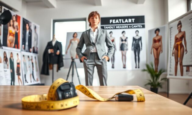 A close-up view of a professional model standing by a measurement chart, dressed in a tailored, business-casual outfit. In the foreground, focus on a tape measure and measurement tools neatly arranged on a table. In the middle ground, the model&rsquo;s posture demonstrates a confident stance, arms at their sides, showcasing posture and poise. In the background, a bright, well-lit room filled with professional modeling shots and posters displaying standard body measurements for models. Soft, diffused natural lighting enhances the atmosphere, creating a welcoming and informative mood. Use a focal length of 50mm to maintain sharpness in the subject while softly blurring the background, emphasizing the importance of accurate measurements in the modeling industry.