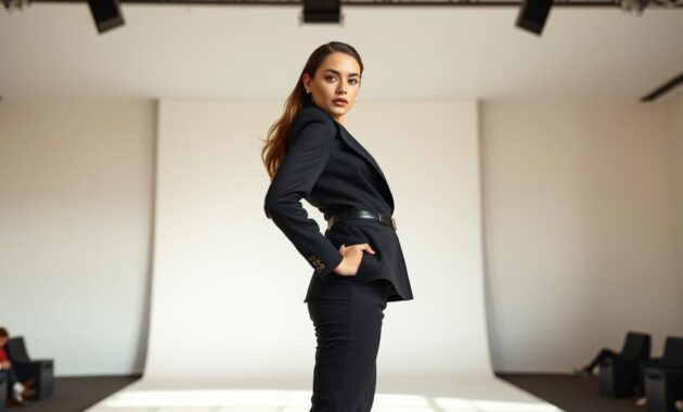 A confident model poses elegantly on a bright, professionally lit fashion set, showcasing a dynamic posture that conveys strength and poise. She wears a tailored, stylish business outfit suitable for a runway, highlighting her fashion sense while exuding professionalism. The foreground captures her in sharp focus, with subtle shadows adding depth. In the middle, a soft gradient backdrop blurs into a muted color that enhances the model’s features and attire. Natural light simulates a warm, inviting atmosphere, illuminating her face and emphasizing her confident expression. The angle is slightly low, giving a sense of grandeur to her stance, capturing the essence of a professional modeling environment. The mood reflects determination and elegance, ideal for aspiring models looking to refine their skills. A confident model poses elegantly on a bright, professionally lit fashion set, showcasing a dynamic posture that conveys strength and poise. She wears a tailored, stylish business outfit suitable for a runway, highlighting her fashion sense while exuding professionalism. The foreground captures her in sharp focus, with subtle shadows adding depth. In the middle, a soft gradient backdrop blurs into a muted color that enhances the model’s features and attire. Natural light simulates a warm, inviting atmosphere, illuminating her face and emphasizing her confident expression. The angle is slightly low, giving a sense of grandeur to her stance, capturing the essence of a professional modeling environment. The mood reflects determination and elegance, ideal for aspiring models looking to refine their skills.