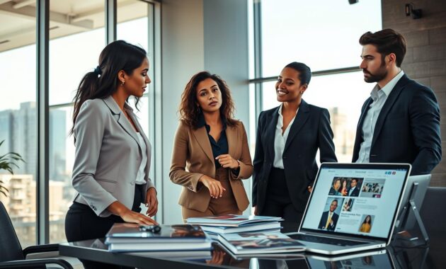 A dynamic scene capturing the essence of the business side of modeling. In the foreground, three diverse models, one Asian, one Black, and one Caucasian, are engaged in a collaborative discussion. They wear sophisticated business attire, conveying professionalism and confidence. The middle ground features a sleek, modern office space with large windows letting in natural light, casting an inviting glow. On a table are fashion portfolios and a laptop displaying a modeling agency website. The background consists of an urban skyline visible through the windows, adding context. The atmosphere is energetic yet focused, emphasizing teamwork and the business acumen essential for aspiring models. The image should be shot with a medium lens at eye level, ensuring clarity and engagement without distractions.