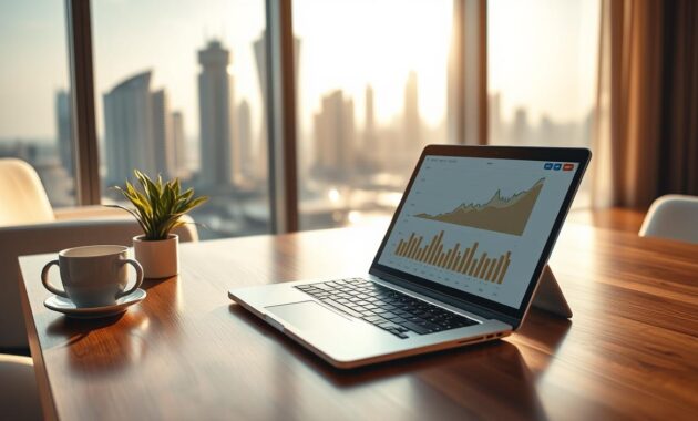 A high-yield savings account concept depicted through an elegant scene. In the foreground, a polished wooden desk with a sleek, modern laptop open, displaying financial charts and growth indicators. Beside it, a stylish coffee mug and a small potted plant, adding a touch of greenery. In the middle ground, a blurred image of a vibrant city skyline of Dubai, showcasing luxury high-rises, hinting at prosperity. The background features soft golden sunlight filtering through a large window, casting warm shadows that evoke a calm, optimistic atmosphere. The overall mood is inspiring and serene, symbolizing the benefits of low-effort income generation in an upscale setting, perfect for a modern professional lifestyle.