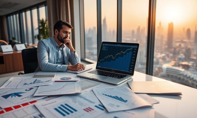 A modern office setting with a sleek desk in the foreground, covered with financial reports and stock tickers from various companies. In the middle, a laptop displays an upward-trending stock chart, symbolizing growth and passive income. A financial advisor in professional attire, engaged in work, is seated beside the desk, analyzing data with a thoughtful expression. The background features a large window showcasing a panoramic view of Dubai&rsquo;s skyline, bathed in warm, golden-hour sunlight that creates an inspiring atmosphere. Use a wide-angle lens to capture the expansive view and a shallow depth of field to emphasize the foreground elements. The overall mood is one of success, opportunity, and financial empowerment.