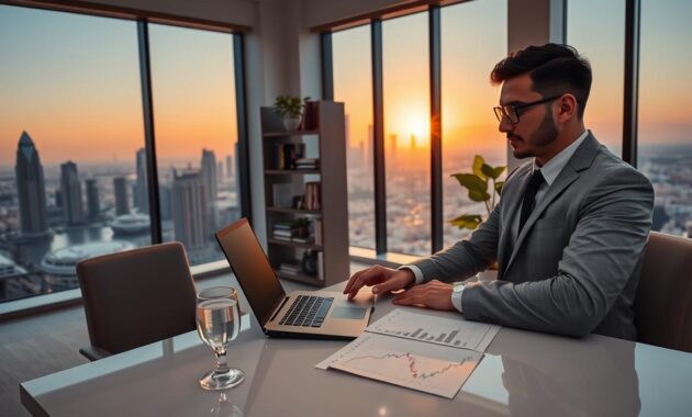 A modern office space with large windows showcasing a stunning view of the Dubai skyline, capturing the essence of luxury. In the foreground, a confident professional in smart business attire is seated at a sleek desk, analyzing investment charts on a high-end laptop. On the desk, there are graphs and financial reports alongside a glass of water, symbolizing intelligent planning. The middle layer features shelves with books on finance and entrepreneurship, while a stylish plant adds a touch of greenery. The background reveals the sun setting over Dubai, casting a warm golden light that enhances the mood of success and achievement. The atmosphere is calm and inspiring, perfect for showcasing the concept of building multiple income streams through investment.