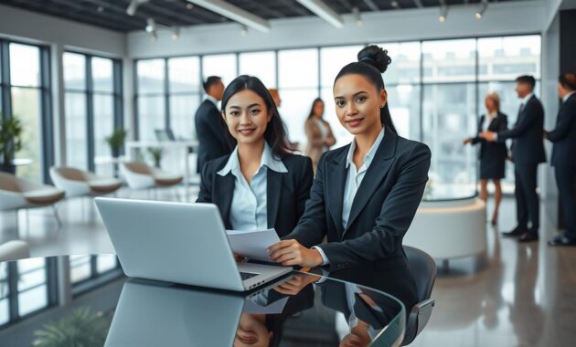 A professional and modern office environment representing the concept of "agency." In the foreground, a confident young model in pristine business attire (a tailored blazer, crisp blouse, and smart trousers) sits at a sleek glass desk with a laptop open, reviewing documents. In the middle ground, a diverse group of well-dressed professionals (agents in suits) engage in discussions and shake hands, reflecting trust and collaboration. The background features a stylish reception area with minimalist decor, large windows letting in natural light, creating an inviting and warm atmosphere. The mood is uplifting, showcasing the importance of legitimacy and safety in the modeling industry. Soft lighting enhances the professionalism of the setting, emphasizing clarity and focus with a slight depth of field.