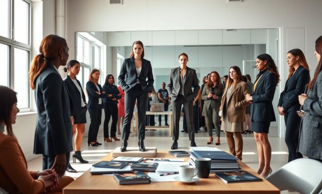 A professional casting scene in a bright, modern studio filled with natural light streaming through large windows. In the foreground, a diverse group of young models, dressed in stylish, professional business attire, are engaged in a casting session. One model stands confidently on a small platform, posing elegantly, while two judges observe intently, taking notes. In the middle, a table is cluttered with portfolios, photographs, and a coffee cup, evoking a busy atmosphere. The background features a sleek mirror wall reflecting the hustle of the scene. The lighting is soft but bright, enhancing the vibrant colors of the models' outfits. The mood is focused and aspirational, capturing the essence of ambition in the fashion industry. A professional casting scene in a bright, modern studio filled with natural light streaming through large windows. In the foreground, a diverse group of young models, dressed in stylish, professional business attire, are engaged in a casting session. One model stands confidently on a small platform, posing elegantly, while two judges observe intently, taking notes. In the middle, a table is cluttered with portfolios, photographs, and a coffee cup, evoking a busy atmosphere. The background features a sleek mirror wall reflecting the hustle of the scene. The lighting is soft but bright, enhancing the vibrant colors of the models' outfits. The mood is focused and aspirational, capturing the essence of ambition in the fashion industry.