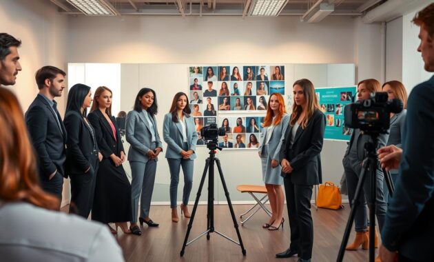 A professional casting session scene, showcasing a bright, modern casting studio. In the foreground, a diverse group of models, both male and female, dressed in smart, business casual attire, exude confidence as they interact with a casting director. The middle ground features a large mirrored wall reflecting the models, illuminated by soft, warm lighting that creates an inviting atmosphere. In the background, a traditional casting setup with a camera on a tripod, a director's chair, and a colorful mood board filled with potential looks and styles. The angle captures the dynamics of the session, conveying a sense of excitement and professionalism, suitable for aspiring models preparing for their first auditions.