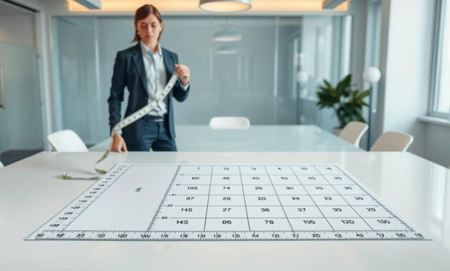 A professional workspace featuring a sleek measurement sheet laid out on a bright white desk, with a clear focus on the 14 key body measurement numbers illustrated in an organized manner. In the foreground, a well-dressed individual, perhaps a model or designer in smart business attire, stands confidently while taking measurements using a flexible measuring tape. In the middle, a measuring sheet displays clear columns and rows, with precise labels such as bust, waist, hips, inseam, and others. The background showcases a contemporary office environment with soft lighting and a polished aesthetic, emphasizing a professional atmosphere. The overall mood is informative and focused, conveying clarity and professionalism in the context of modeling and body measurements.
