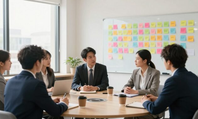 A serene office environment that symbolizes the concept of values and non-negotiables in career choices. In the foreground, a diverse group of professionals in business attire is engaged in a thoughtful discussion at a round table, surrounded by notepads and coffee cups. The middle layer features a large whiteboard filled with colorful sticky notes showcasing various values like &ldquo;integrity,&rdquo; &ldquo;creativity,&rdquo; and &ldquo;work-life balance.&rdquo; In the background, a bright window allows natural light to flood the room, creating an open and inviting atmosphere. The scene captures a sense of purpose and collaboration, with soft shadows and warm lighting emphasizing a supportive mood as individuals explore their core beliefs before making commitments.