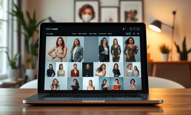 A sleek, modern model portfolio website displayed on a high-resolution computer screen, featuring a variety of professional photographs showcasing diverse models in various poses. The foreground includes an elegant laptop with a responsive, visually appealing layout, emphasizing grid-style photo galleries. The middle ground displays realistic images of models wearing stylish, professional attire in well-lit settings, highlighting different modeling categories such as fashion, commercial, and editorial. The background is softly blurred, depicting a cozy, well-decorated home office with minimalistic decor, warm ambient lighting, and a hint of potted plants. The overall mood is inviting and sophisticated, conveying a sense of professionalism and creativity, ideal for attracting potential clients and agencies.