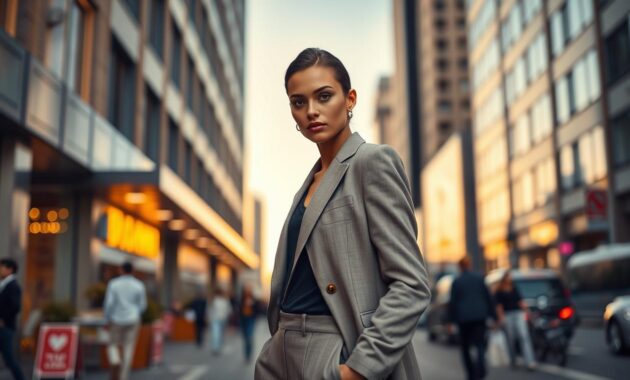 A striking model stands confidently in a chic urban setting, showcasing a bookable look that defines high fashion. The foreground features the model dressed in sophisticated, tailored attire, with a sleek blazer and stylish trousers, exuding professionalism and poise. The middle ground highlights an urban backdrop with modern architecture and vibrant street life, bathed in soft golden hour lighting that accentuates the model's features. In the background, a blurred cityscape adds depth, evoking a dynamic atmosphere. A shallow depth of field focuses on the model while creating a sense of movement. The overall mood is empowering and aspirational, perfect for showcasing a distinctive and bookable appearance that captures attention and radiates confidence.