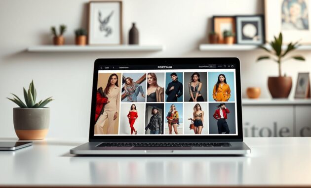 A stylish, modern digital portfolio layout displayed on a sleek laptop resting on a minimalist desk. In the foreground, a well-organized portfolio showcases stunning professional photographs of a model in a variety of high-fashion outfits, all set against a chic backdrop. The middle section features a clear view of the laptop screen, with captivating images in vibrant colors, representing a diverse range of modeling styles. In the background, soft, ambient lighting casts a warm glow over a tasteful, clutter-free workspace decorated with subtle plant accents and artful decor. The overall mood conveys professionalism, creativity, and the aspirational feel of the modeling industry, inviting agencies to scout talent efficiently. A stylish, modern digital portfolio layout displayed on a sleek laptop resting on a minimalist desk. In the foreground, a well-organized portfolio showcases stunning professional photographs of a model in a variety of high-fashion outfits, all set against a chic backdrop. The middle section features a clear view of the laptop screen, with captivating images in vibrant colors, representing a diverse range of modeling styles. In the background, soft, ambient lighting casts a warm glow over a tasteful, clutter-free workspace decorated with subtle plant accents and artful decor. The overall mood conveys professionalism, creativity, and the aspirational feel of the modeling industry, inviting agencies to scout talent efficiently.
