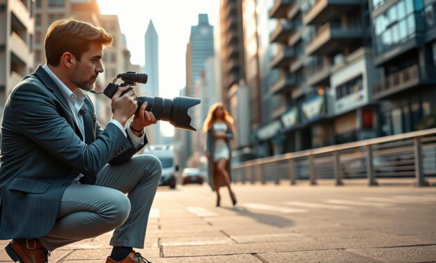 A talented photographer captured mid-session, crouching down to frame a model against an urban backdrop. The photographer wears stylish business casual attire, holding a professional camera with a large lens, showcasing their expertise. The foreground features the photographer intently focused on their work, while the model stands confidently in the middle, posing gracefully. In the background, a vibrant cityscape unfolds, filled with interesting architectural details under soft, natural lighting, creating a warm and inviting atmosphere. The mood is professional yet creative, emphasizing the importance of collaboration between photographer and model. Use a shallow depth of field to blur the background slightly, highlighting the subjects in the frame.