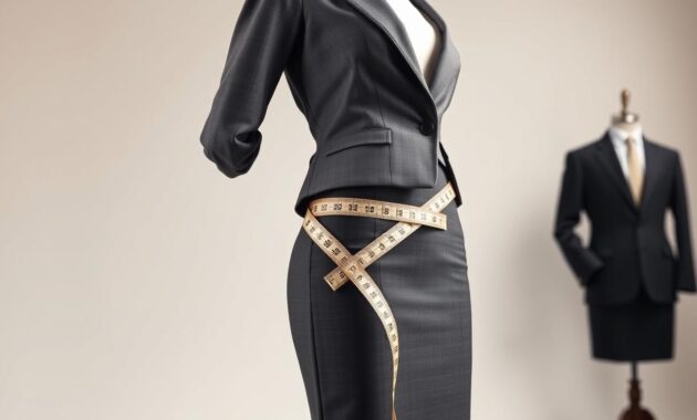 A well-defined waist is the focus of this image, captured in a professional studio setting. In the foreground, a mannequin displays a tailored business outfit that accentuates the waistline, using a fitted blazer and a sleek pencil skirt. The mannequin is positioned at a slight angle to create depth. The middle ground features a measuring tape draped elegantly around the waist, emphasizing precision in measurements. The background is softly blurred, with neutral tones that enhance the subject without distraction. The lighting is bright and diffused, casting gentle shadows that highlight contours and shapes, creating an inviting and informative atmosphere. The overall mood is professional and instructional, perfect for an article about model measurements.