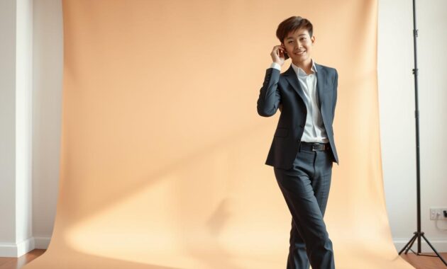 A well-lit indoor setting showcasing a young model posing against a simple, neutral-colored backdrop. The model is dressed in professional business attire, embodying a confident and approachable demeanor. In the foreground, the model stands in a natural pose, with hands relaxed by their side or gently touching their hair. The middle ground features a soft focus on the model, capturing their expression and detail in the attire. The background is minimalistic, enhancing the focus on the model, with soft, even lighting to avoid harsh shadows. The image is taken with a medium lens (50mm) from a slightly elevated angle, creating a dynamic viewpoint that feels engaging yet professional. The atmosphere is warm and inviting, perfect for a home studio setting.