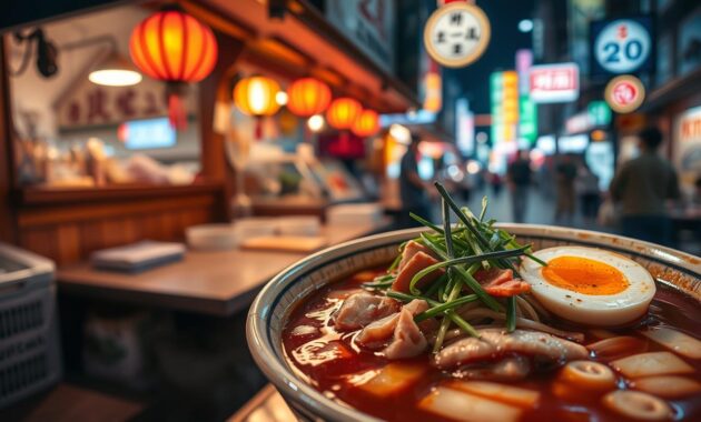 A beautifully arranged bowl of ramen sits prominently in the foreground, with rich, savory broth glistening in soft, warm lighting that highlights the texture of the noodles and the toppings, including slices of tender pork, vibrant green onions, and a perfectly cooked soft-boiled egg. In the middle ground, a bustling Fukuoka food stall is visible, with wooden counters and warm, inviting lanterns hanging above, suggesting a lively atmosphere. In the background, the colorful neon lights of Fukuoka's streets shimmer, creating an urban ambiance that reflects the city's dynamic culinary scene. The overall mood is inviting and comforting, evoking the essence of enjoying a delicious bowl of ramen in a lively outdoor setting. Capture this scene from a slightly elevated angle to emphasize the delicious details in the bowl and the energetic environment around it.