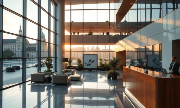 A beautifully designed modern hotel lobby in Munich, Germany, showcasing elegant architecture with large glass windows that reflect sunlight. In the foreground, a polished wooden reception desk staffed by a professional in business attire welcomes guests. The middle layer features plush seating areas with contemporary art pieces, surrounded by indoor greenery that adds a touch of nature. In the background, through the expansive windows, iconic Munich landmarks are visible, bathed in warm golden hour lighting. The atmosphere conveys a sense of comfort and luxury, inviting travelers to enjoy their stay in the city. The image should capture the vibrant charm of hotel life in Munich without any people present, focusing on the exquisite details and ambiance.
