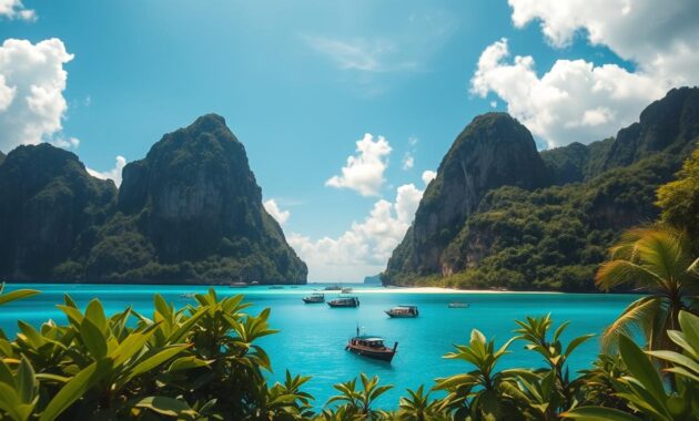 A breathtaking view of Phi Phi Islands, showcasing a stunning turquoise bay surrounded by towering limestone cliffs. In the foreground, vibrant green tropical vegetation frames the scene, while several small boats gently bob in the clear water. The middle ground features the iconic Maya Bay, with its soft white sand beach and lush jungle flora. In the background, the bright blue sky is interspersed with fluffy white clouds, reflecting the warm golden light of a late afternoon sun. The mood is serene and inviting, capturing the natural beauty and tranquility of this remote paradise. The image is shot with a wide-angle lens to emphasize the grandeur of the landscape, creating a sense of depth and space.