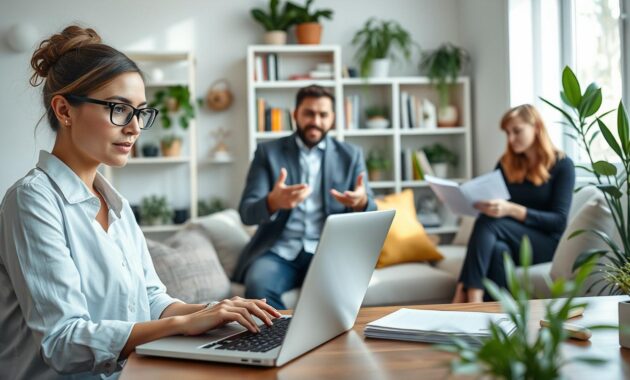 A bright and cozy home office setting, featuring a diverse group of three professionals engaged in online work. In the foreground, a focused woman in smart casual attire types on a laptop, embodying concentration and adaptability. In the middle, a man is participating in a video call, gesturing enthusiastically, showcasing teamwork in a remote environment. Nearby, a third person reviews notes, representing continuous learning and skill development. The background includes shelves filled with books and plants, evoking a welcoming and productive atmosphere. Soft, natural light streams through a window, enhancing the sense of warmth and comfort. The composition should convey a sense of transition, collaboration, and the positive dynamics of adapting to remote employment.