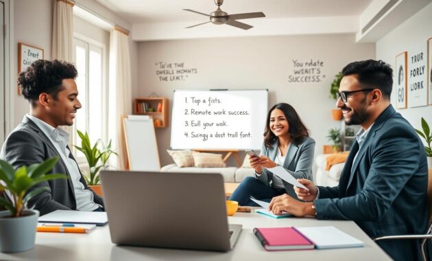 A bright, inviting home office space filled with modern furnishings, featuring a sleek desk with a laptop, neatly organized stationery, and a potted plant. In the foreground, a diverse group of three professionals in smart casual attire engage in a video call, exuding confidence and collaboration, while taking notes on a notepad. In the middle ground, a whiteboard displays handwritten tips and strategies for remote work success. The background shows a cozy living area with soft lighting and motivational quotes on the wall, creating a warm and productive atmosphere. The image is captured with a slightly blurred background to emphasize the foreground characters, using natural light for a fresh and energetic feel.