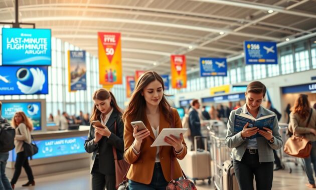 A bustling airport scene capturing the excitement of last-minute flight deals. In the foreground, a diverse group of travelers, including a businesswoman in professional attire and a casual tourist in comfortable clothing, eagerly examines their smartphones and travel brochures. The middle ground features an information desk with bold, eye-catching digital displays showcasing discounted flight offers. The background reveals a high-ceiling terminal filled with colorful banners promoting last-minute airfare, large windows allowing natural light to pour in, and luggage carts being wheeled by airport staff. The atmosphere is lively and optimistic, with soft, warm lighting highlighting the sense of adventure and spontaneity in the air.