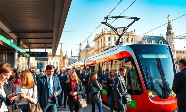 A bustling public transit scene in Munich, showcasing a modern tram station with sleek trams arriving and departing. In the foreground, a diverse group of commuters in professional business attire and casual clothing waits patiently, some consulting smartphones and transit maps. The middle ground features a brightly painted tram with an open door, welcoming passengers. In the background, iconic Munich architecture peeks through, hinting at vibrant city life, under a bright blue sky. The lighting is warm and inviting, capturing the energy of the city in late afternoon. The angle is slightly elevated, giving a clear view of the transit scene, emphasizing the movement and accessibility of public transportation in the heart of Munich.