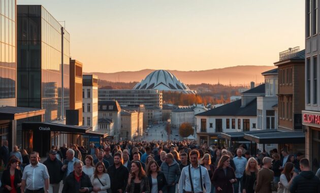 A bustling view of Oslo, Norway, showcasing the vibrant cityscape during the golden hour. In the foreground, a lively street filled with people wearing smart casual attire, enjoying outdoor cafes and shops. The middle ground features the iconic architecture of Oslo, with a mix of modern glass buildings and traditional Nordic designs, all bathed in warm sunlight. In the background, the majestic Oslo Opera House rises elegantly against a soft twilight sky, with distant hills framing the scene. The atmosphere is inviting and travel-friendly, capturing the essence of adventure and exploration. The scene is photographed from a slightly elevated angle, emphasizing the dynamic life of the city while maintaining clear, crisp details throughout.