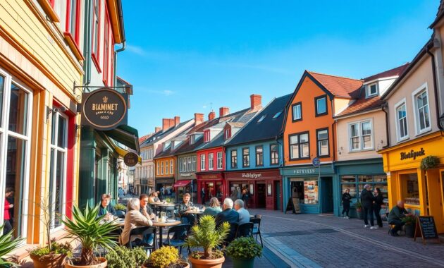 A charming Oslo neighborhood scene featuring a variety of vibrant shops and cafes with colorful facades. In the foreground, a cozy cafe terrace with potted greenery, where patrons in modest casual clothing enjoy steaming cups of coffee and pastries. The middle ground reveals an eclectic mix of boutique shops with distinctive signage, showcasing artisanal goods and local crafts. In the background, typical Oslo architecture with sloping rooftops and cobblestone streets under a bright blue sky. Soft, warm sunlight casts gentle shadows, creating an inviting atmosphere. The image should be captured from a slightly elevated angle to encompass the lively street life and the friendly vibe of the area, reflecting a sense of community and local culture.