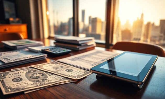 A close-up view of a collection of diverse stock shares and investment documents, meticulously arranged on a polished wooden desk. In the foreground, crisp paper share certificates with intricate designs and varying colors lie next to a sleek, modern tablet displaying a stock market app. The middle ground includes neatly stacked reports and calculators, suggesting investment planning. In the background, a soft-focus financial district skyline can be seen through a large window, bathed in warm, ambient natural light to convey optimism. The atmosphere feels professional and informative, ideal for an investment context. The composition is shot with a 50mm lens to provide a clear focus on the shares while gently blurring the background for depth.