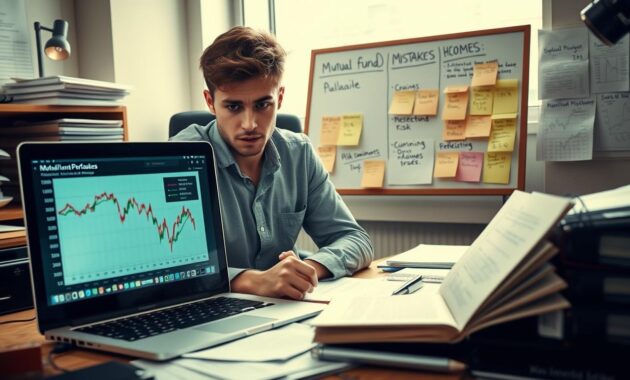 A concerned young professional sitting at a cluttered desk, surrounded by charts and graphs illustrating mutual fund performance. In the foreground, a laptop screen displays a downward trend in the stock market. The investor, dressed in smart casual attire, stares anxiously at the screen, with a notepad filled with hastily written notes on investment strategies. In the middle background, a board with sticky notes highlights common investment mistakes such as "chasing trends" and "neglecting risk." Soft, natural lighting illuminates the scene, creating a mood of tension and uncertainty. The perspective is slightly angled, giving depth to the office setup, while a window in the background hints at a bustling cityscape outside. No text or logos are present.