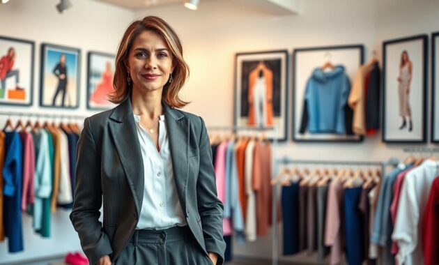 A confident woman in her mid-30s stands in the foreground, showcasing a stunning fashion transformation. She wears a chic, tailored blazer paired with stylish trousers, accentuating her professional yet trendy look. Her hair is elegantly styled, and she sports minimalist jewelry that complements her outfit. In the middle ground, a vibrant fashion consultation studio features a colorful array of clothing and accessories, exuding a modern and inspiring atmosphere. The background showcases framed fashion inspirations on the walls, with soft, natural lighting illuminating the scene, creating a warm and inviting mood. A wide-angle view captures the full essence of the transformation experience, emphasizing the journey of personal style evolution in a sleek, well-organized setting.