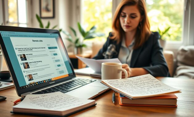 A cozy and organized home office scene focused on remote job searching. In the foreground, a laptop displaying various remote job listings is open, surrounded by a neatly arranged notebook filled with handwritten notes and highlighted job descriptions. A steaming mug of coffee sits nearby, adding warmth. In the middle ground, a professional woman, dressed in business casual attire, thoughtfully reviews the listings, her expression one of concentration and determination. The background features a bright window with soft, natural light filtering in, showcasing a glimpse of greenery outside. The atmosphere is productive and focused, conveying a sense of motivation and opportunity for job seekers navigating the world of remote work.