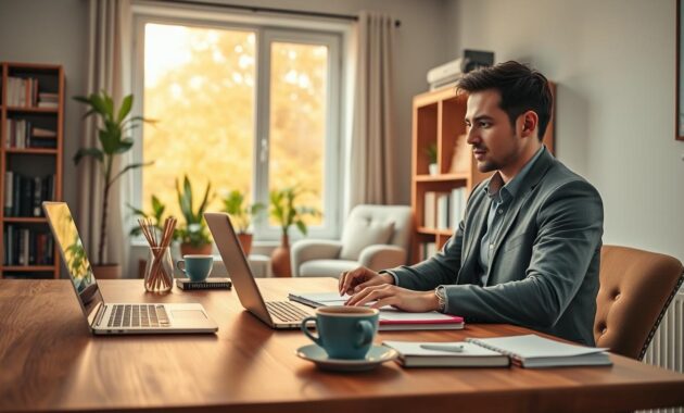 A cozy home office featuring a modern desk with a sleek laptop, notebooks, and a steaming cup of coffee, positioned in the foreground. A focused individual in smart casual attire is working, with a thoughtful expression, utilizing a flexible work schedule. In the middle ground, a large window allows warm, natural light to flood the space, highlighting potted plants and a comfortable chair. The background showcases a neatly arranged bookshelf filled with books on productivity and remote work. The overall atmosphere is inspiring and productive, reflecting a harmonious blend of comfort and professionalism. Soft, diffused lighting enhances the inviting mood, while the perspective captures the essence of embracing flexible schedules in a remote work culture.