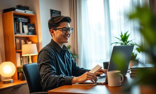 A cozy home office scene featuring a remote agent at their desk, engaged in a video call on their laptop. The foreground shows a young professional in smart casual attire, with a warm smile, holding a notepad filled with notes. In the middle, the desk is adorned with a plant, a coffee mug, and a soft lamp casting a gentle glow. The background reveals a well-organized bookshelf lined with motivational books and personal achievements. The room is well-lit by natural light streaming in through a window, creating an inviting atmosphere. The lens captures a slight depth of field, focusing on the agent while softly blurring the background. The mood is inspiring and uplifting, reflecting the success of working remotely. A cozy home office scene featuring a remote agent at their desk, engaged in a video call on their laptop. The foreground shows a young professional in smart casual attire, with a warm smile, holding a notepad filled with notes. In the middle, the desk is adorned with a plant, a coffee mug, and a soft lamp casting a gentle glow. The background reveals a well-organized bookshelf lined with motivational books and personal achievements. The room is well-lit by natural light streaming in through a window, creating an inviting atmosphere. The lens captures a slight depth of field, focusing on the agent while softly blurring the background. The mood is inspiring and uplifting, reflecting the success of working remotely.