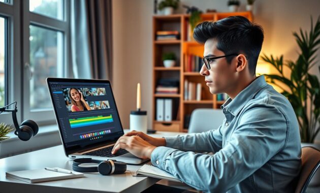 A cozy home office scene showcasing a young adult engaged in video editing and captioning digital content. In the foreground, a focused individual, dressed in professional casual attire, is seated at a sleek desk, working intently on a laptop with video editing software open. A colorful array of audio and video clips can be seen on the screen. The middle layer features multifunctional tools like headphones, a microphone, and a notepad filled with notes. In the background, a softly lit bookshelf filled with books and plants adds warmth to the atmosphere, while a large window allows natural light to pour in, creating an inviting ambiance. The mood is productive yet relaxed, emphasizing the accessibility of video editing as a work-from-home role for students. A cozy home office scene showcasing a young adult engaged in video editing and captioning digital content. In the foreground, a focused individual, dressed in professional casual attire, is seated at a sleek desk, working intently on a laptop with video editing software open. A colorful array of audio and video clips can be seen on the screen. The middle layer features multifunctional tools like headphones, a microphone, and a notepad filled with notes. In the background, a softly lit bookshelf filled with books and plants adds warmth to the atmosphere, while a large window allows natural light to pour in, creating an inviting ambiance. The mood is productive yet relaxed, emphasizing the accessibility of video editing as a work-from-home role for students.
