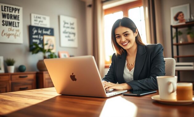 A cozy home office scene showcasing legitimate work-from-home jobs for women. In the foreground, a woman in professional business attire is seated at a stylish desk, focused on her laptop. She has a warm smile, exuding confidence and productivity. The middle ground features a well-organized workspace with motivational quotes on the wall, a potted plant, and a cup of coffee. The background offers a glimpse of a bright window allowing natural light to flood the room, creating a positive and inviting atmosphere. The lighting is soft and warm, highlighting the woman's face and the cozy elements of the office. The angle captures the essence of a thriving work-from-home environment, emphasizing professionalism and comfort.