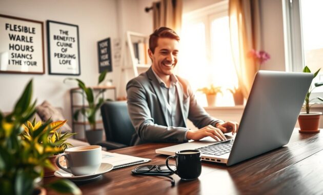 A cozy home office setting depicting the benefits and perks of remote work. In the foreground, a stylish desk with a modern laptop, a steaming mug of coffee, and colorful plants, conveying a vibrant work environment. In the middle ground, a professional individual in business casual attire is smiling while using the laptop, demonstrating productivity and comfort. The background features a bright window with soft natural light streaming in, illuminating the room. Add elements like inspirational wall art and motivational quotes subtly integrated into the decor. The mood is relaxed yet focused, encapsulating the advantages of job benefits like flexible hours and work-life balance in remote positions. The atmosphere is warm and inviting, emphasizing a positive remote work experience. A cozy home office setting depicting the benefits and perks of remote work. In the foreground, a stylish desk with a modern laptop, a steaming mug of coffee, and colorful plants, conveying a vibrant work environment. In the middle ground, a professional individual in business casual attire is smiling while using the laptop, demonstrating productivity and comfort. The background features a bright window with soft natural light streaming in, illuminating the room. Add elements like inspirational wall art and motivational quotes subtly integrated into the decor. The mood is relaxed yet focused, encapsulating the advantages of job benefits like flexible hours and work-life balance in remote positions. The atmosphere is warm and inviting, emphasizing a positive remote work experience.