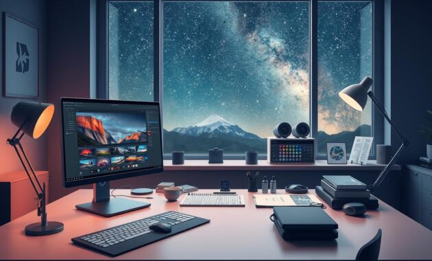 A detailed and organized software workflow illustration capturing the essence of astrophotography editing. In the foreground, feature a sleek, modern computer workstation displaying editing software with vibrant astrophotography images on the screen. The middle layer reveals a clean and organized workspace with tools like a graphics tablet, reference materials, and color palettes. In the background, a large window shows a starry night sky, symbolizing the subject of astrophotography. The lighting is soft and ambient, creating a focused yet inspiring atmosphere, with a warm desk lamp casting gentle illumination. The angle should be slightly elevated, giving an overview of the entire setup while emphasizing the editing tools. The mood is professional, encouraging creativity and productivity in an editing workflow. A detailed and organized software workflow illustration capturing the essence of astrophotography editing. In the foreground, feature a sleek, modern computer workstation displaying editing software with vibrant astrophotography images on the screen. The middle layer reveals a clean and organized workspace with tools like a graphics tablet, reference materials, and color palettes. In the background, a large window shows a starry night sky, symbolizing the subject of astrophotography. The lighting is soft and ambient, creating a focused yet inspiring atmosphere, with a warm desk lamp casting gentle illumination. The angle should be slightly elevated, giving an overview of the entire setup while emphasizing the editing tools. The mood is professional, encouraging creativity and productivity in an editing workflow.