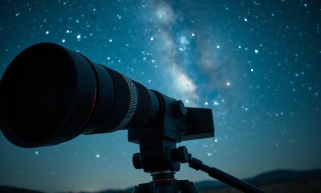 A detailed astrophotography setup featuring a high-quality lens mounted on a sturdy tripod, aimed at a star-filled night sky. In the foreground, the lens is highlighted, showcasing its intricate design and optical components, illuminated subtly by soft ambient light. The middle ground features the camera body with a digital display, indicating real-time adjustments being made for optimal focus. In the background, a panoramic view of a clear night sky sparkles with vibrant stars and nebulae, emphasizing the sharpness of the images produced. The atmosphere is serene and contemplative, conveying the precision required in astrophotography to minimize lens aberrations and achieve crystal-clear star images. The overall lighting is cool and mystical, enhancing the allure of the cosmos. A detailed astrophotography setup featuring a high-quality lens mounted on a sturdy tripod, aimed at a star-filled night sky. In the foreground, the lens is highlighted, showcasing its intricate design and optical components, illuminated subtly by soft ambient light. The middle ground features the camera body with a digital display, indicating real-time adjustments being made for optimal focus. In the background, a panoramic view of a clear night sky sparkles with vibrant stars and nebulae, emphasizing the sharpness of the images produced. The atmosphere is serene and contemplative, conveying the precision required in astrophotography to minimize lens aberrations and achieve crystal-clear star images. The overall lighting is cool and mystical, enhancing the allure of the cosmos.
