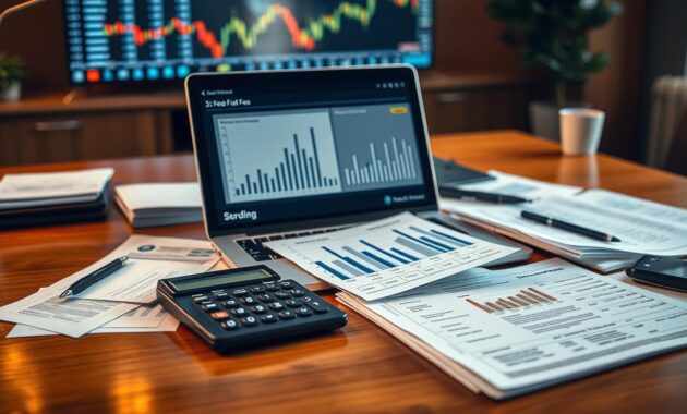 A detailed composition illustrating the concept of "fees and costs" related to mutual funds and ETFs. In the foreground, a collection of financial documents, charts, and calculators are scattered across a polished wooden desk. In the middle, focus on a stylish, open laptop displaying graphs of expense ratios, with a calculator showing commission fees beside it. The background features a softly blurred image of a stock market screen, hinting at trading activity. Use warm, natural lighting to create an inviting atmosphere, with a shallow depth of field to emphasize the documents. Convey a professional and informative mood, evoking a sense of financial awareness and responsibility, suitable for readers exploring investment options.