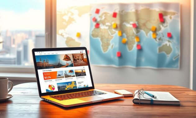 A digital illustration depicting the concept of online travel discounts. In the foreground, a laptop sits open on a cozy wooden table, displaying vibrant travel websites with enticing airfare and hotel deals. The screen glows warmly, highlighting various discounts. Beside the laptop, a coffee cup and a notebook filled with travel notes add to the atmosphere. In the middle ground, a world map is pinned with colorful tags, signifying various last-minute destinations. In the background, a soft-focus window reveals a bustling cityscape, indicative of adventure. Natural light streams in, creating a bright and inviting mood. The overall ambiance is motivated and inspired, embodying the excitement of discovering travel deals.