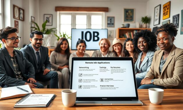 A diverse group of professionals, dressed in smart casual and business attire, are engaged in a virtual job application workshop. In the foreground, a well-organized workspace features a laptop displaying a job application website, a notebook filled with notes, and a cup of coffee. The middle layer includes a large screen with an illustration of strategies for remote job applications, such as a checklist and strategies like "Networking," "Tailoring Resumes," and "Practicing Video Interviews." The background shows a bright, airy home office filled with plants, bookshelves, and motivational posters. Soft, natural lighting streams through a window, creating a productive and focused atmosphere. The overall mood is collaborative and aspirational, emphasizing professionalism and preparation in remote job seeking. A diverse group of professionals, dressed in smart casual and business attire, are engaged in a virtual job application workshop. In the foreground, a well-organized workspace features a laptop displaying a job application website, a notebook filled with notes, and a cup of coffee. The middle layer includes a large screen with an illustration of strategies for remote job applications, such as a checklist and strategies like "Networking," "Tailoring Resumes," and "Practicing Video Interviews." The background shows a bright, airy home office filled with plants, bookshelves, and motivational posters. Soft, natural lighting streams through a window, creating a productive and focused atmosphere. The overall mood is collaborative and aspirational, emphasizing professionalism and preparation in remote job seeking.