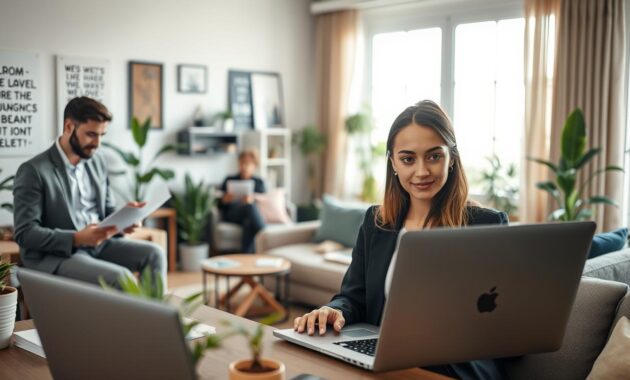 A diverse group of professionals in a modern home office setting, showcasing individuals engaged in various work-from-home activities. In the foreground, a confident young woman in smart casual attire is video conferencing on her laptop, radiating determination. To the left, a man is reviewing documents and taking notes, dressed in business casual clothing. The middle ground features a cozy workspace with comfortable furniture, plants, and motivational quotes on the walls, suggesting a positive work environment. In the background, soft natural light streams through large windows, creating an uplifting atmosphere. The overall mood conveys empowerment and resilience, emphasizing the idea of thriving despite a lack of traditional experience in a remote work landscape.