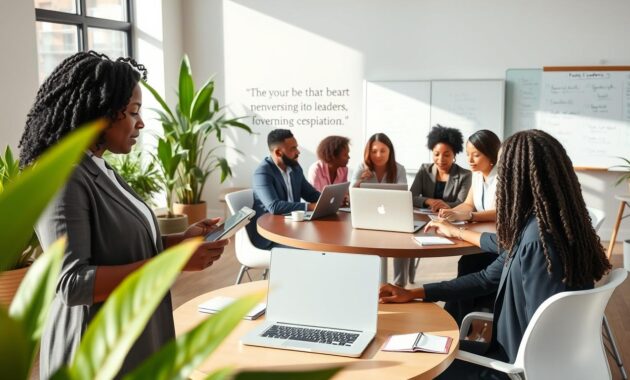 A diverse group of remote leaders collaborating in a modern workspace, depicted in a bright, airy room filled with plants and natural light streaming through large windows. In the foreground, a Black female leader gestures animatedly while discussing ideas on a digital tablet, wearing smart casual attire. In the middle, a diverse group of professionals are seated at a circular table, engaged in discussion with laptops open, all dressed in professional business attire. The background features a wall with motivational quotes and a whiteboard filled with brainstorming notes. The atmosphere conveys empowerment and teamwork, with a warm color palette to enhance focus and collaboration. The camera angle is slightly elevated, capturing the dynamic interaction among the team, embodying effective remote leadership strategies. A diverse group of remote leaders collaborating in a modern workspace, depicted in a bright, airy room filled with plants and natural light streaming through large windows. In the foreground, a Black female leader gestures animatedly while discussing ideas on a digital tablet, wearing smart casual attire. In the middle, a diverse group of professionals are seated at a circular table, engaged in discussion with laptops open, all dressed in professional business attire. The background features a wall with motivational quotes and a whiteboard filled with brainstorming notes. The atmosphere conveys empowerment and teamwork, with a warm color palette to enhance focus and collaboration. The camera angle is slightly elevated, capturing the dynamic interaction among the team, embodying effective remote leadership strategies.